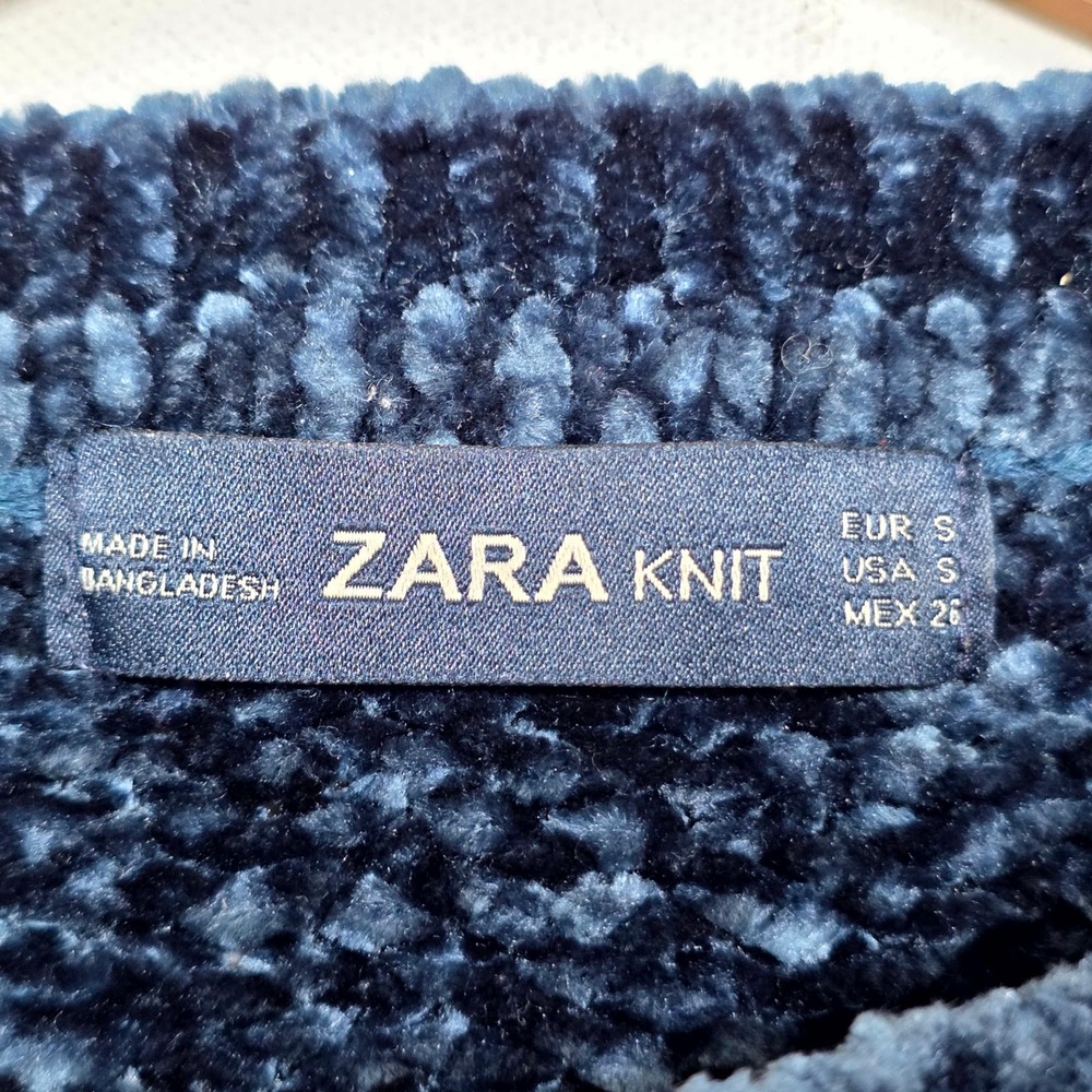 Zara Knit Sweater Womens S Navy Blue Chenille Cropped Scalloped Hem Cozy Plush - Picture 6 of 6